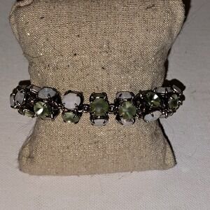 J. Crew Sage Green and Opal White Glass Stone Link Bracelet Antiqued Gold Tone